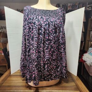 Lane Bryant LS Blouse Blk/W Flowers 14